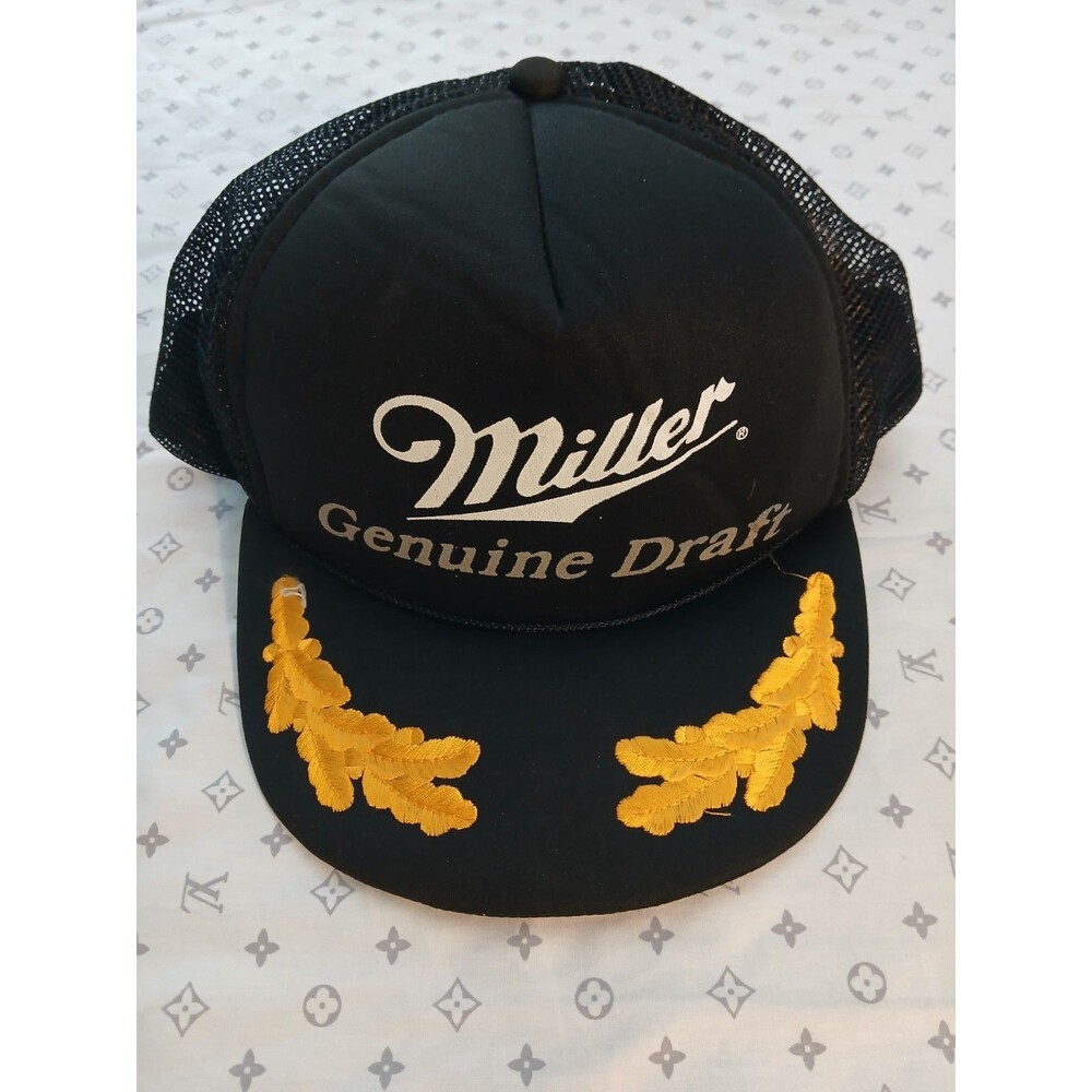 Miller Genuine Draft Black Mesh Trucker Snapback Hat Gold Leaf Embroidered Brim